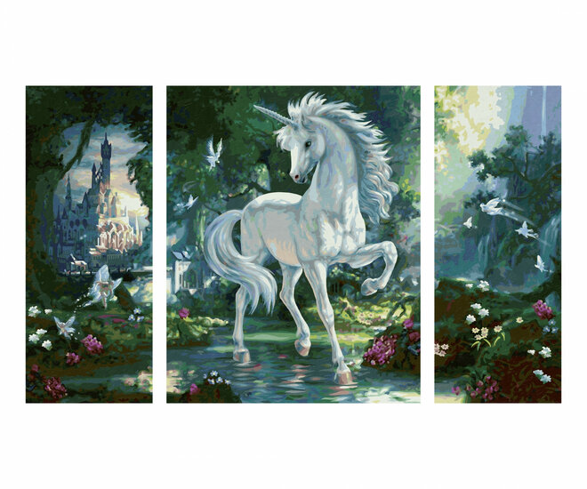 La licorne dans la foret enchantee Triptyque 50 x 80 cm schilderenopnummer